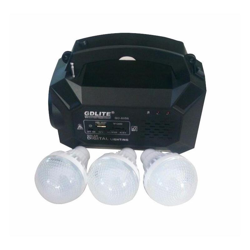 OEM Sistem Iluminare LED cu Incarcare Solara, 3 Becuri LED si Lampa Portabila cu FM si MP3 player GD-8056