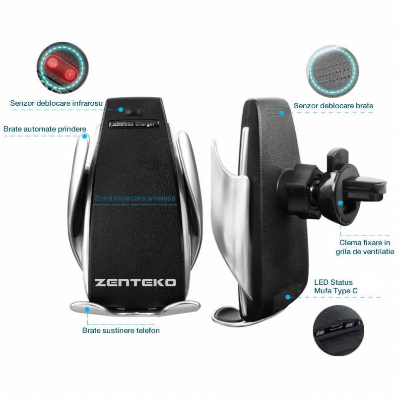 Zenteko Universal SMART Car Holder Zenteko cu incarcator Wireless Fast Charge